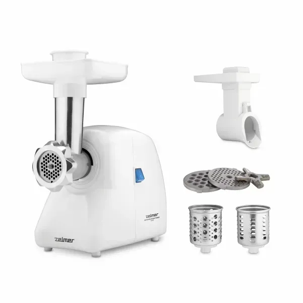 Мясорубка Zelmer ZMM2853B (1.5кг/мин,1300Вт, 2 сетки, 2 барабана слайсера) white Уценка! купить по самой низкой цене