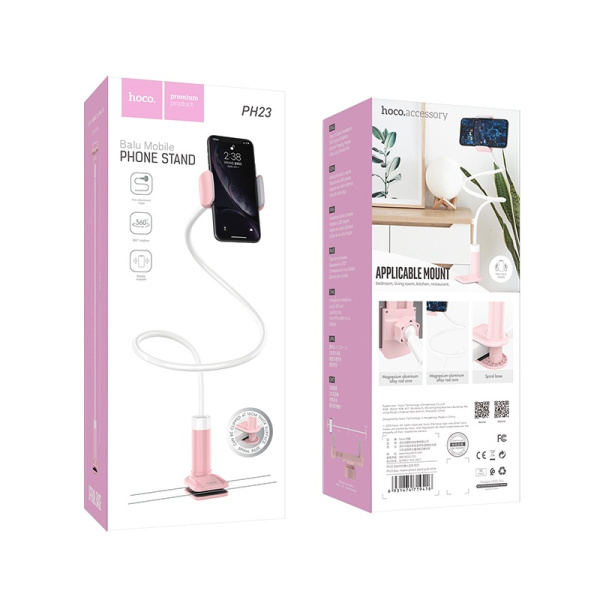 Держатель настольный (прищепка) для телефона Hoco PH23 Balu для 4.5-6.5" (Pink white), гибкая длинная ножка купить по самой низкой цене