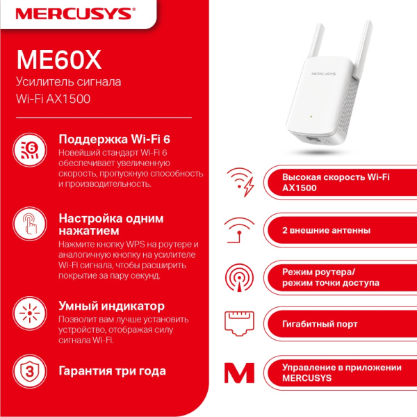 Усилитель беспровод.сигнала WiFi (репитер) AC1500 MERCUSYS (ME60X) 5/2.4ГГц 1201/300Мбит/с купить по самой низкой цене