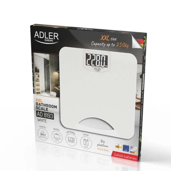 Весы напольные для ванной комнаты Adler AD 8193w (электрон, АБС-пластик, 250/0.1кг, ЖК-экран) белые купить по самой низкой цене