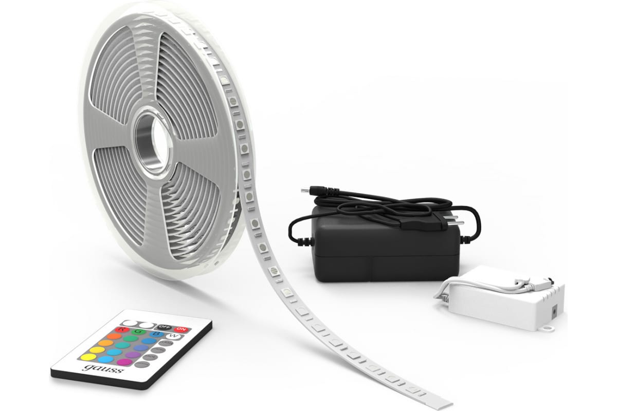 Лента светодиодная Gauss Basic (BT042) LED 5050/60 12V 10W/m 700lm/m RGB 10mm IP20 5m ДУ+RGB-контр+БП купить по самой низкой цене