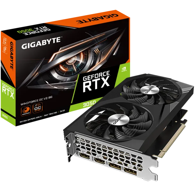 Видеокарта PCI-E 4.0 8Gb GDDR6 GIGABYTE RTX 3050 WINDFORCE OC V2 8G (GV-N3050WF2OCV2-8GD) 128b, 2*HDMI/2*DP купить по самой низкой цене