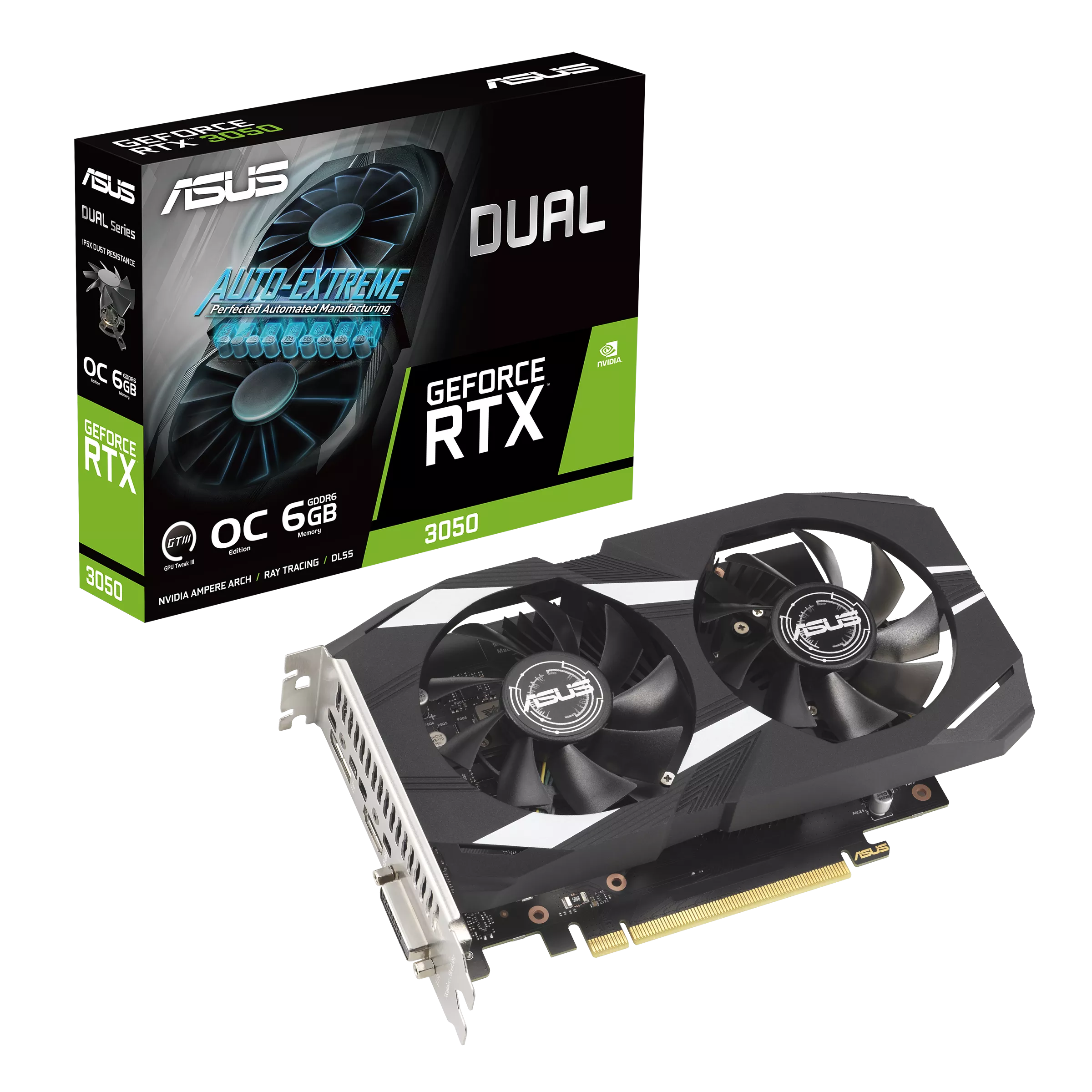 Видеокарта PCI-E 4.0 6Gb GDDR6 ASUS GeForce RTX 3050 (DUAL-RTX3050-O6G) 96b, 1*HDMI/1*DP/1*DVI-D купить по самой низкой цене