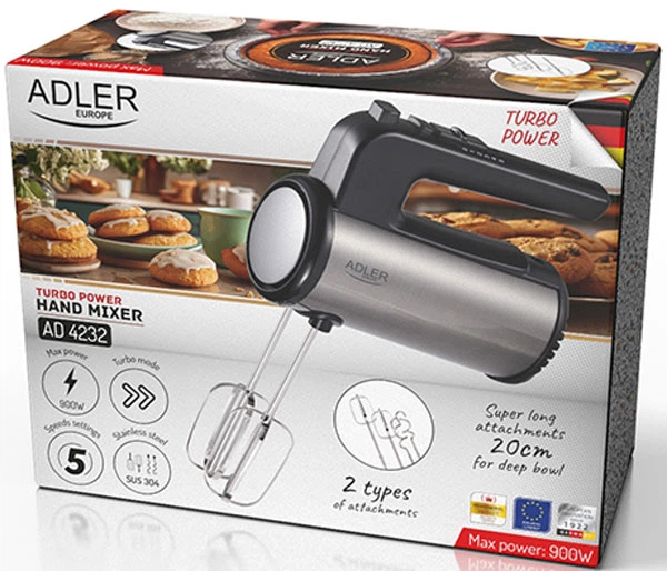 Миксер Adler AD 4232 (ручной, 500Вт/max 900Вт, 5 скор, турборежим, насадки для теста) серебр. купить по самой низкой цене