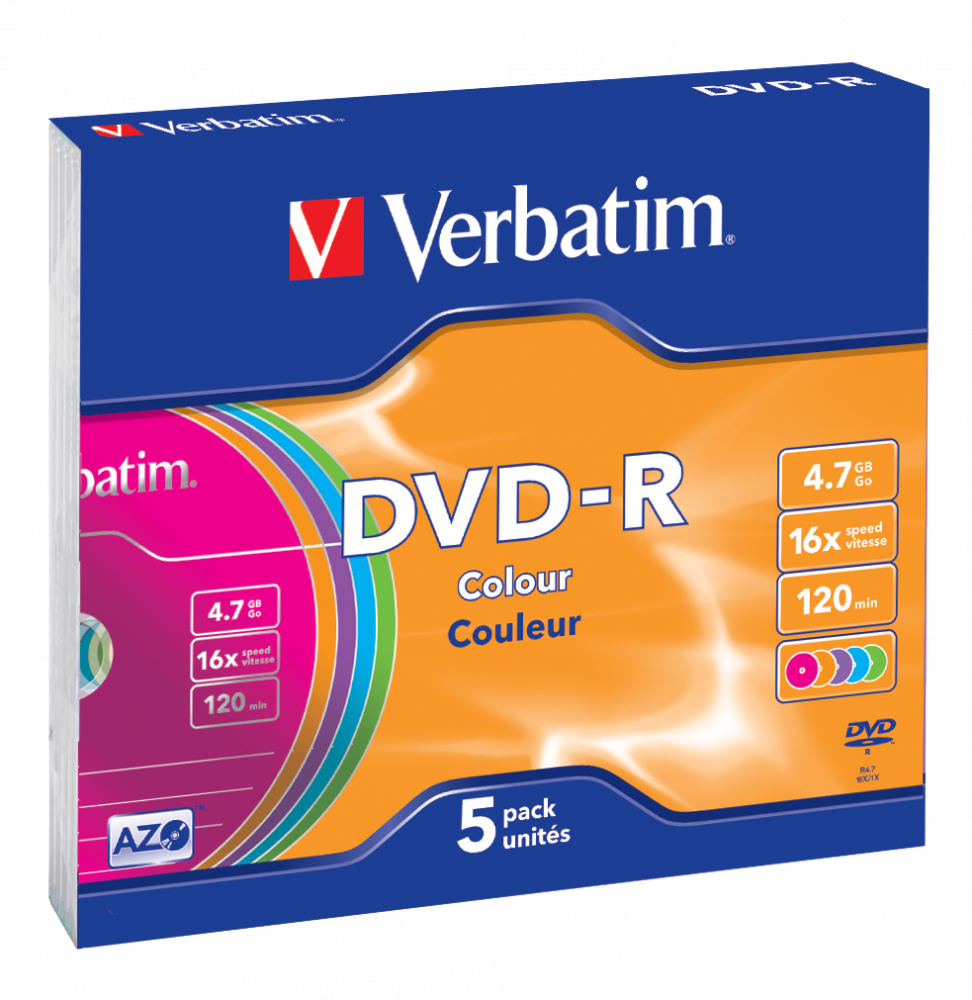 Диск DVD-R VERBATIM 4,7GB 16X SLIM COLOUR CASE (5шт.) (43557/box) купить по самой низкой цене