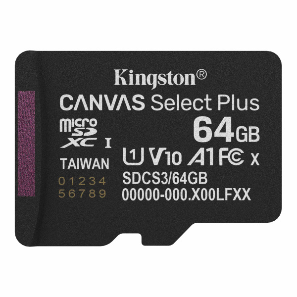microSDXC CARD 64Gb Kingston Canvas Select Plus (SDCS3/64GBSP)  Class 10, UHS-I, U1/U3, video class 10/30, A1 купить по самой низкой цене