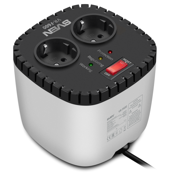 Стабилизатор напряжения релейного типа SVEN VR-F600, 200Вт, 2*розетки CEE7/4 (EU), купить по самой низкой цене