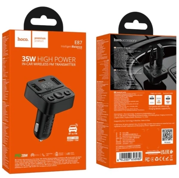 АЗУ FM модулятор Hoco E87 Delta 35W (1USB-A/1C) (Black) купить по самой низкой цене