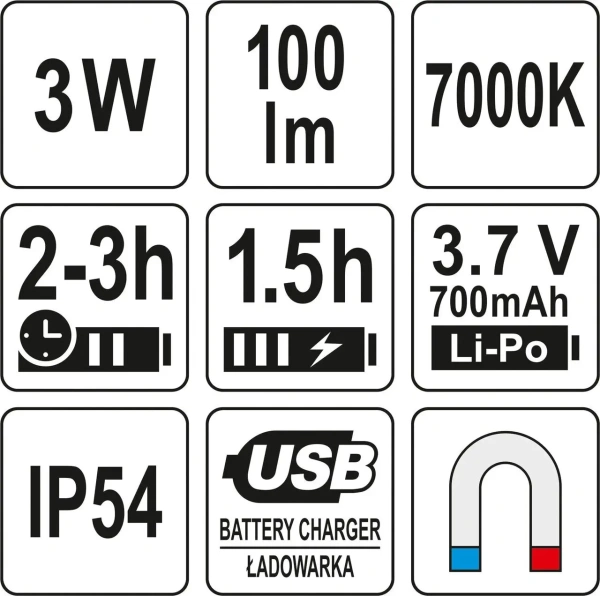 Фонарь светодиодный Yato (YT-08516) 100Lm, 7000K, Li-ion 700mAh, IP54, 2 режима работы купить по самой низкой цене