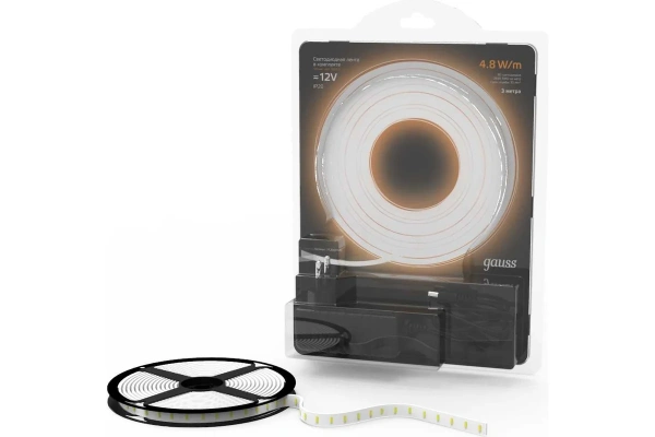 Лента светодиодная (312000148) Gauss 4,8W/m, 2835/60-SMD, 12V DC, теплый белый, 3м/блистер, IP20 + БП купить по самой низкой цене