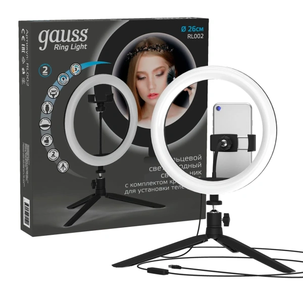 Светильник кольцевой Gauss (RL002) 14W, 700lm, 3000-6500K, 5V USB, IP20, 260*23мм, черный, ДУ Уценка! купить по самой низкой цене