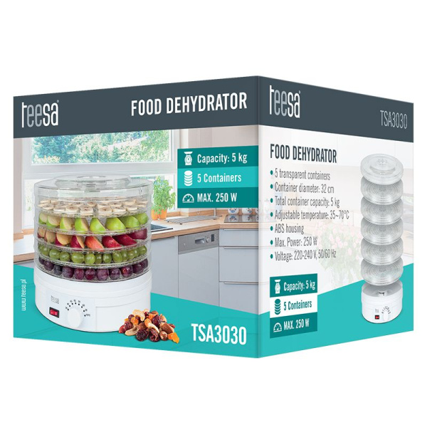 Сушилка для овощей и фруктов TEESA TSA3030 (250Вт, 5 поддон, регул. температ сушки) White купить по самой низкой цене