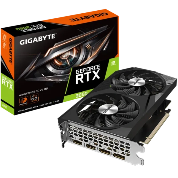 Видеокарта PCI-E 4.0 8Gb GDDR6 GIGABYTE RTX 3050 WINDFORCE OC V2 8G (GV-N3050WF2OCV2-8GD) 128b, 2*HDMI/2*DP купить по самой низкой цене