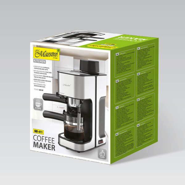 Кофеварка Maestro MR-411 Espresso (кофе молот, капучино/эспрессо, рожков, 800Вт, 3.5бар) Inox/Black купить по самой низкой цене