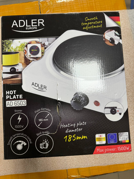 Плита электрическая настольная Adler AD 6503 (1 чугунная конф., 1500Вт, цвет белый) Уценка! купить по самой низкой цене