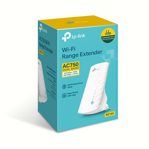 Усилитель беспровод.сигнала (репитор) TP-LINK (RE190) WiFi AC750, 2.4/5GHz, white купить по самой низкой цене