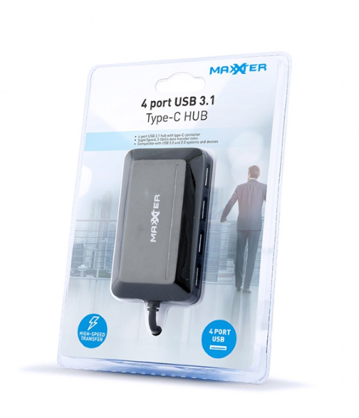 HUB  4x Port USB 3.1 Maxxter (ACT-HUB3C-4P) Input 1x USB 3.2 Gen1 Type-C, Output 4x USB 3.2 gEN1 Type-A, Black купить по самой низкой цене
