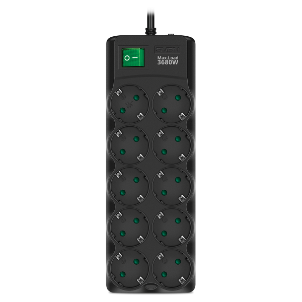 Фильтр SVEN SF-10E-16 (5.0м, max.нагрузка 3680Вт, 10 роз.CEE 7/4, защитные шторки, чёрный) купить по самой низкой цене