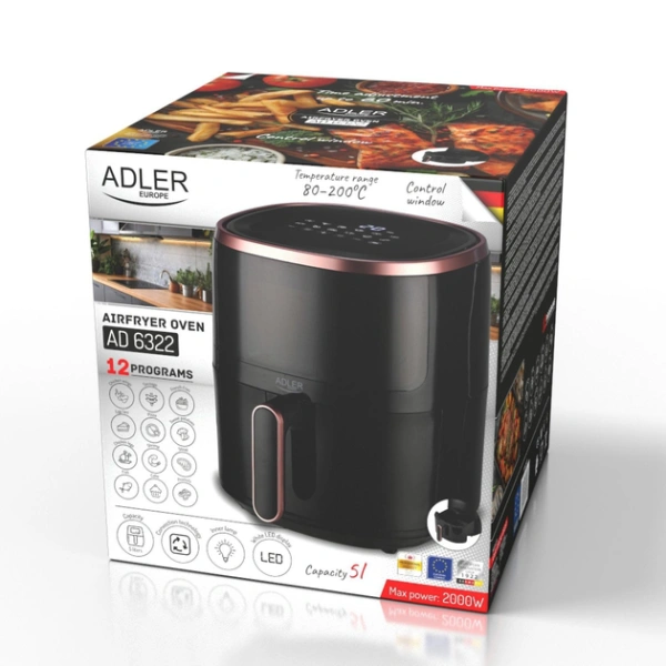 Аэрофритюрница Adler AD 6322 (2000Вт, 5л, регулир. 80-200°C, таймер, 12 программ) чёрная купить по самой низкой цене