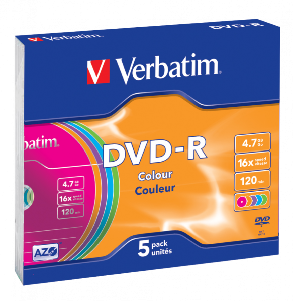 Диск DVD-R VERBATIM 4,7GB 16X SLIM COLOUR CASE (5шт.) (43557/box) купить по самой низкой цене