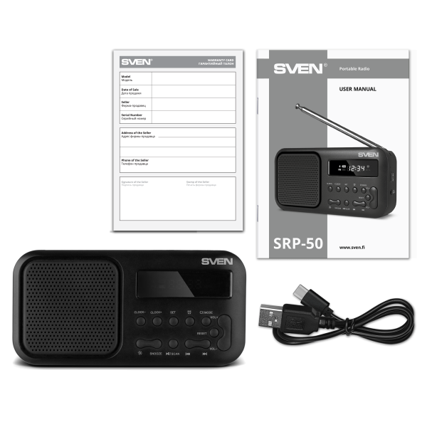 Радиоприемник SVEN SRP-50 Black (FM, Bluetooth, 3Вт,  аккум 500mAh/USB DC 5V) купить по самой низкой цене