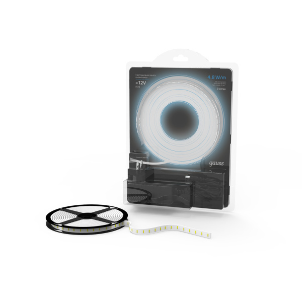 Лента светодиодная (312000248) Gauss 4,8W/m, 2835/60-SMD, 12V DC, холодный белый, 3м/блистер, IP20 + БП купить по самой низкой цене