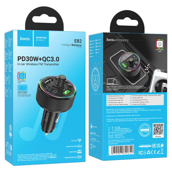 АЗУ FM модулятор Hoco E82 Guerrero PD30W+QC3.0 (2USB-A/1C) (Black) купить по самой низкой цене