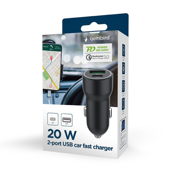 Зарядное устр.автомоб. 2*USB GEMBIRD (TA-UC-A2PDQC20-CAR-01) 12-24V -> 1*USB Type-A + 1*USB Type-C PD, 20W купить по самой низкой цене