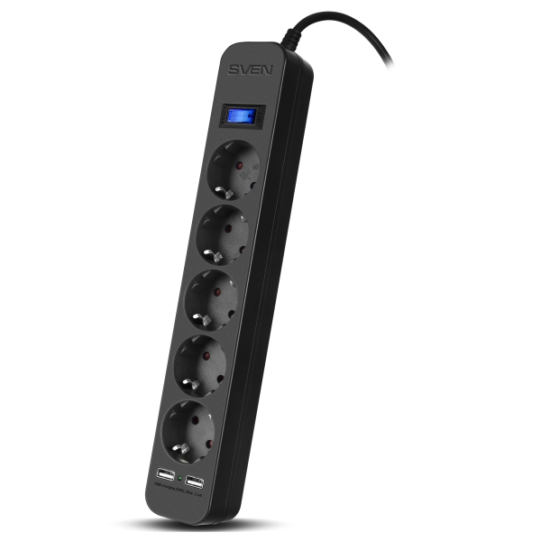 Фильтр SVEN SF-05LU (1,8м, Black, роз.-5*СЕЕ 7/4 + 2*USB max 2.4A(12Вт), нагрузка max 2200Вт) защ.шторки купить по самой низкой цене